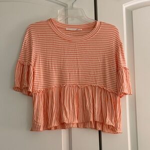 Altar'd State Coral Striped Ruffle Tee